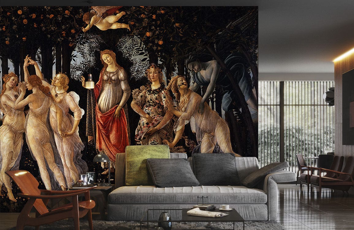Renaissance Elegance Forest Mural Wallpaper graces living room wall with earthy tones, grey sofa, wood chair.