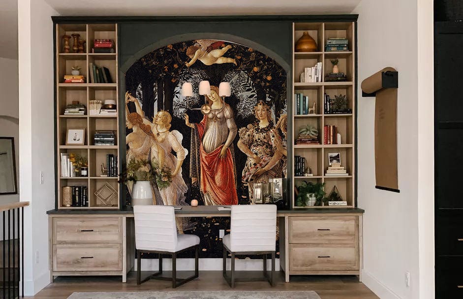 Renaissance Elegance Forest Mural Wallpaper in study with earthy built-in shelves, white chairs, wood flooring.