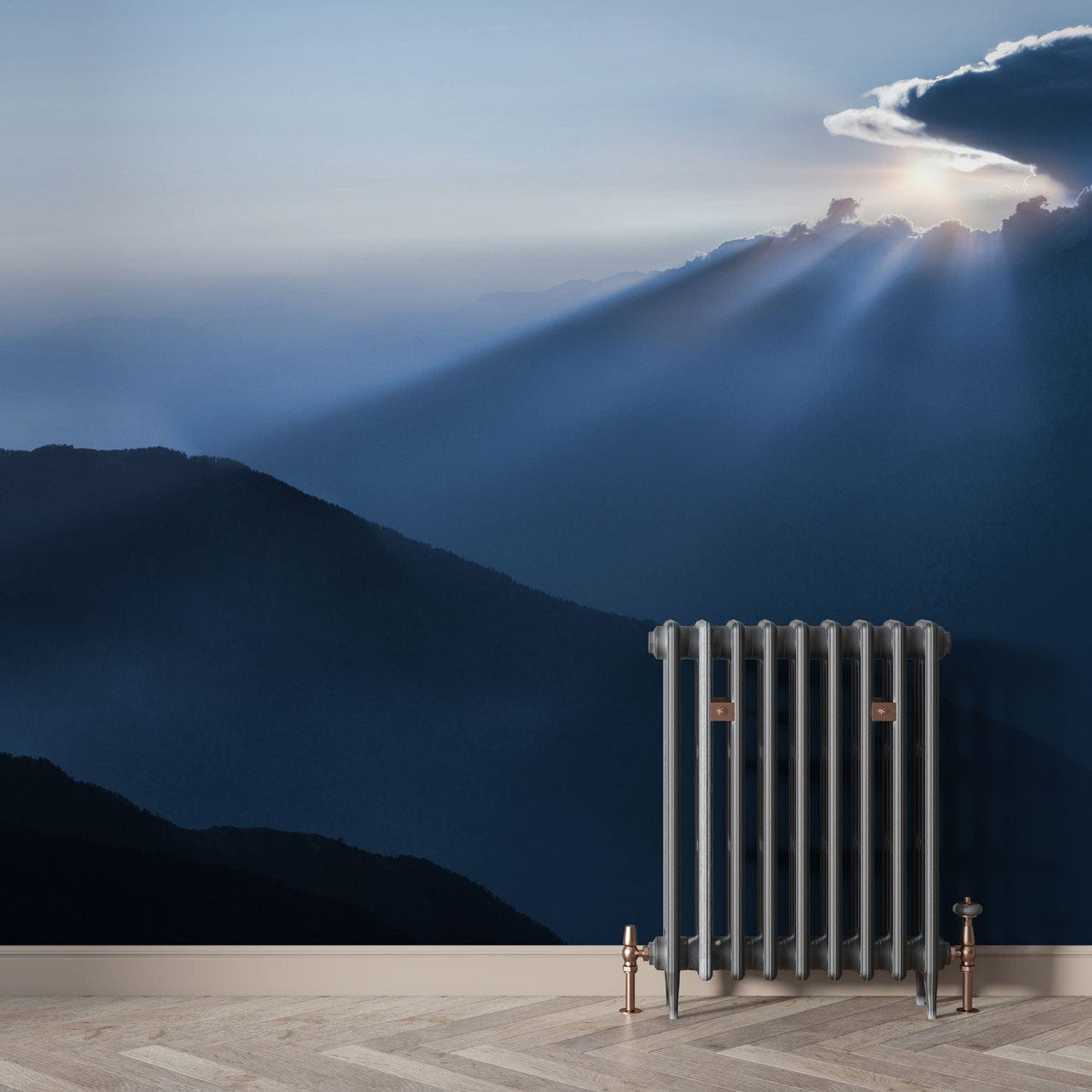 Serene Blue Mountain Mural Wallpaper with metal radiator, wooden parquet flooring, and blue-themed room decor.