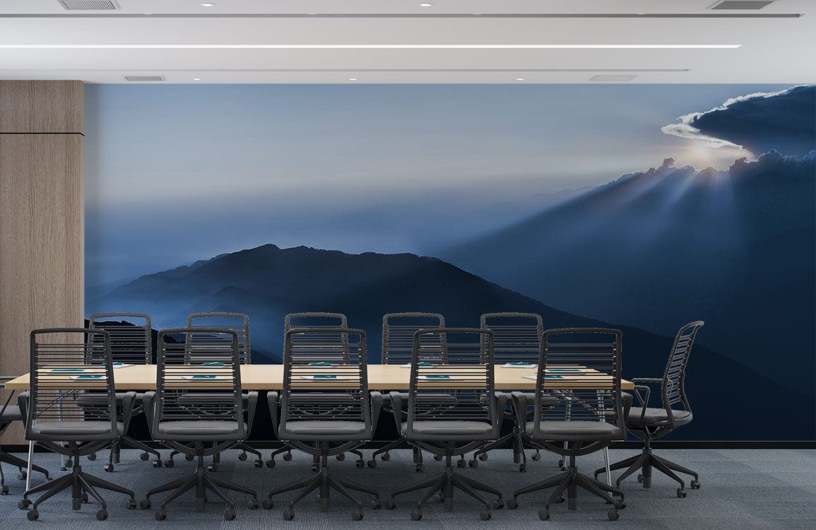 Meeting room with Serene Blue Mountain Sunrise wallpaper, grey carpet flooring, wooden conference table, black chairs.