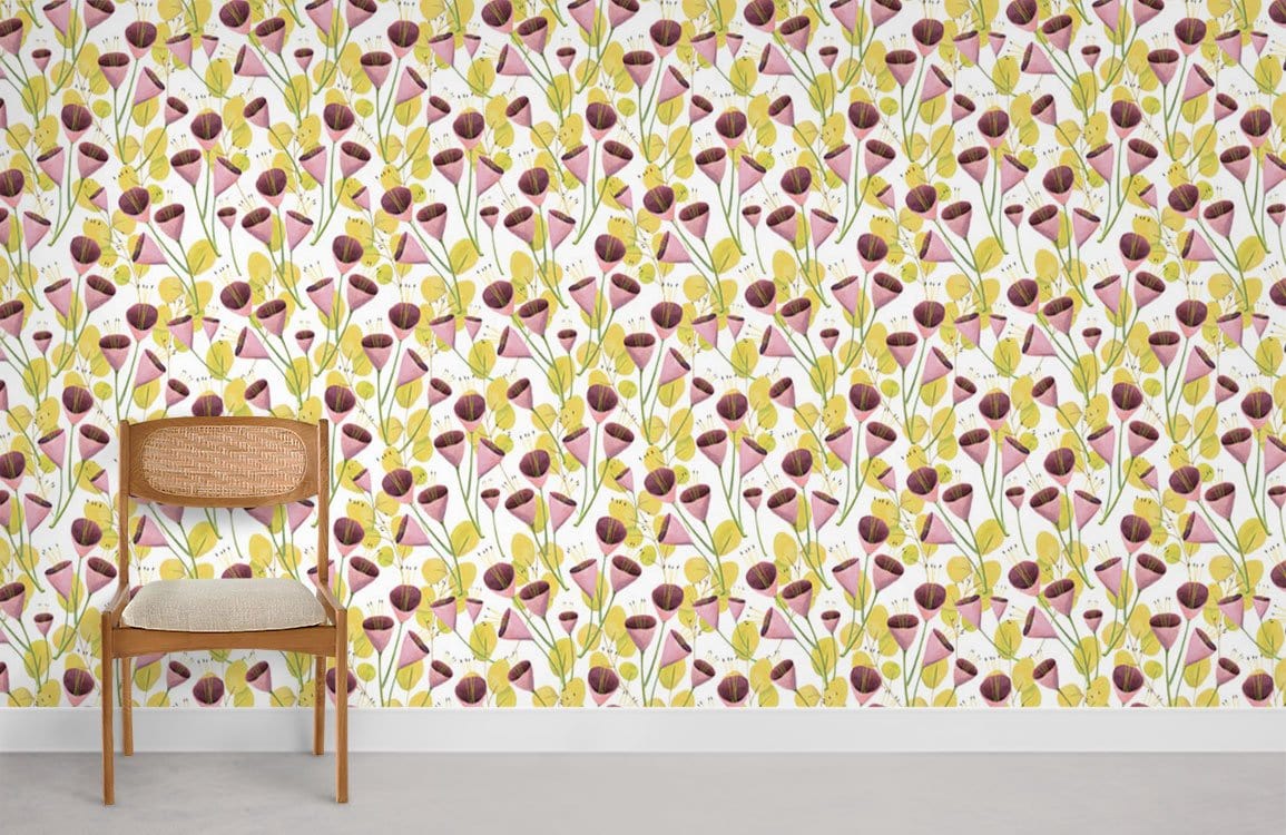 Vintage floral wallpaper with pink, yellow patterns, wooden chair, neutral flooring in modern room setting.