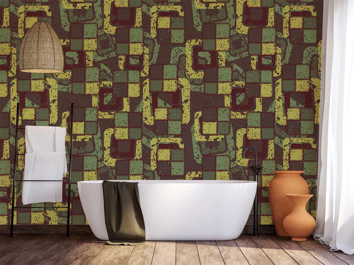 Vintage geometric abstract wallpaper in earthy tones, bathroom with white bathtub, wooden flooring.