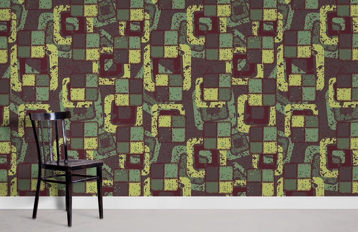Vintage Geometric Abstract Wallpaper in earthy tones, featuring green, brown pattern, black chair, grey floor.