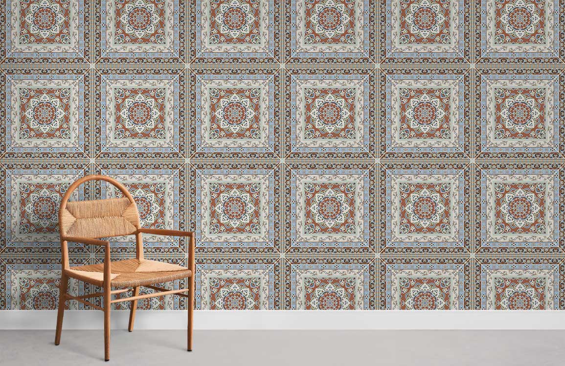 Vintage Moroccan tile pattern wallpaper featuring intricate design with cane chair, neutral flooring.