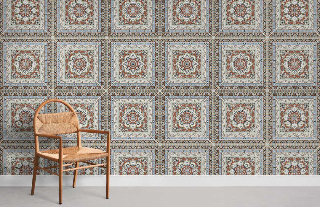 Vintage Moroccan tile pattern wallpaper featuring intricate design with cane chair, neutral flooring.