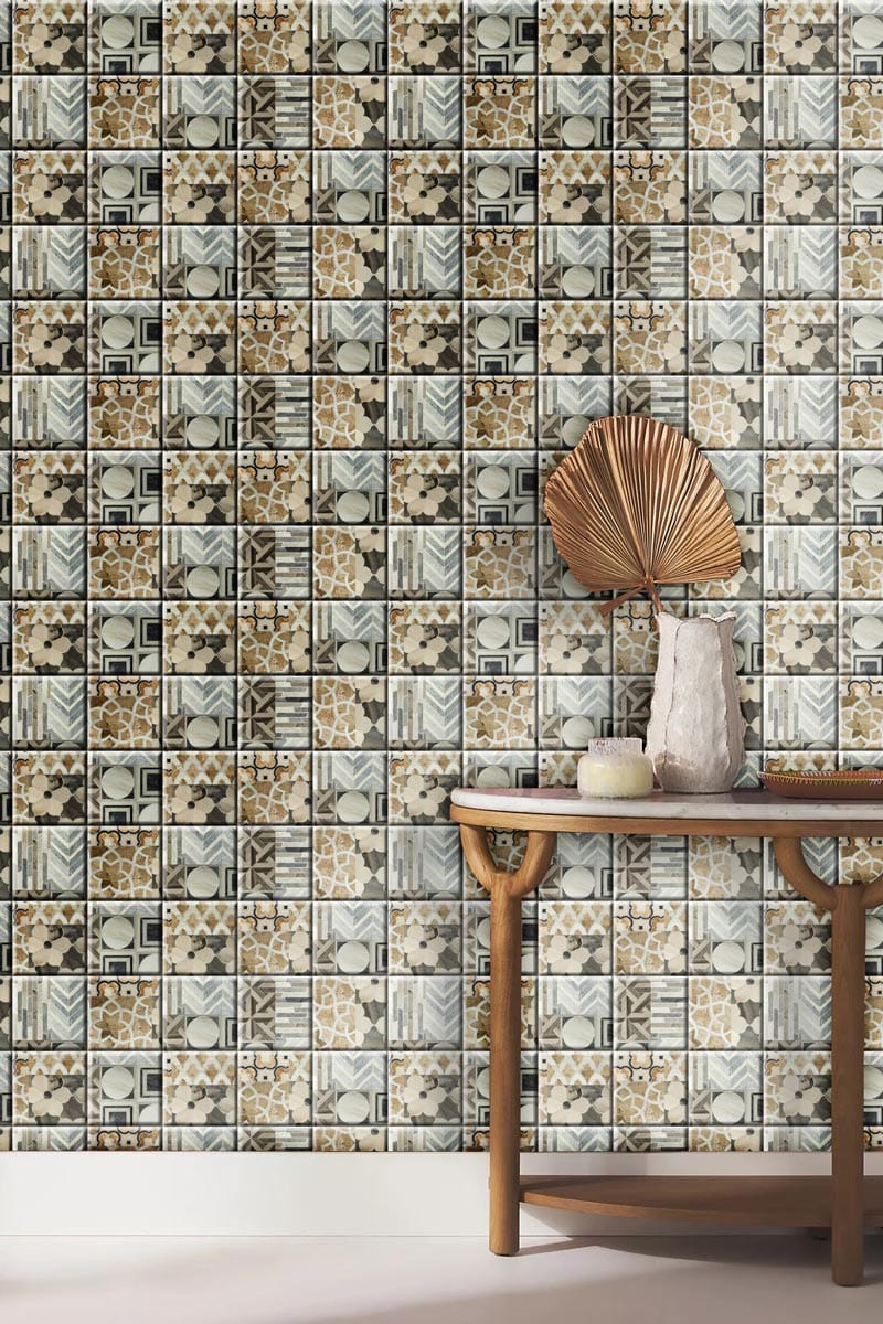 Vintage Mosaic Tile Pattern Wallpaper, rustic console table, earthy tones, modern rustic decor style.