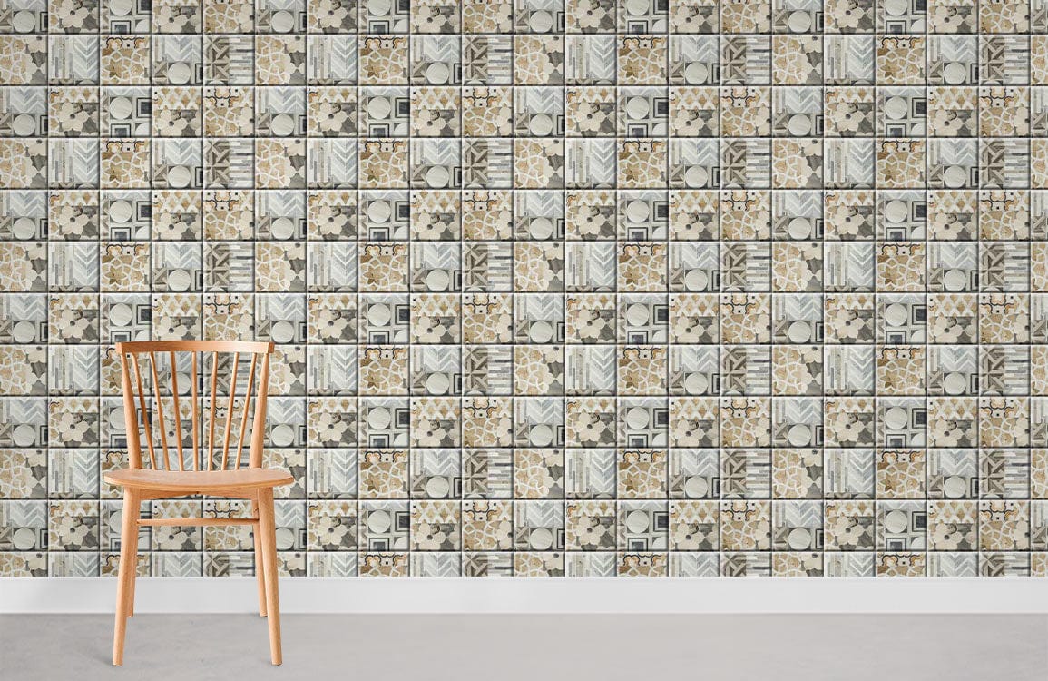 Vintage Mosaic Tile Pattern Wallpaper in earthy tones, wooden chair, grey flooring, rustic decor setting.