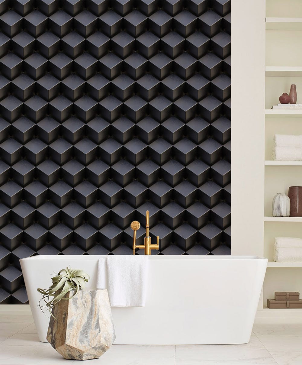 Modern Geometric Grey 3D Hexagon Pattern Wallpaper in bathroom with white bathtub and contemporary decor.