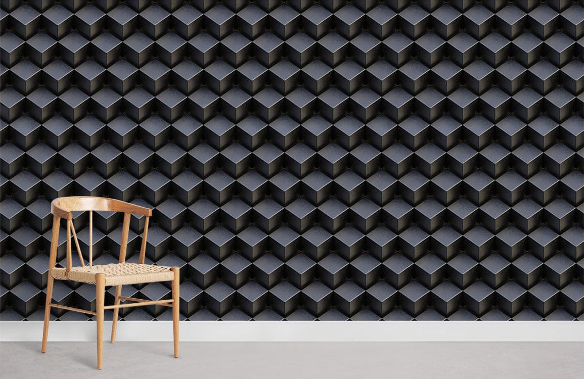 Modern geometric grey 3D hexagon pattern wallpaper with wooden chair in contemporary interior design.