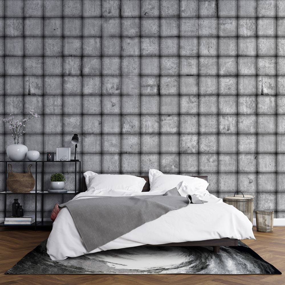 Grey industrial wallpaper, textured grid pattern, modern bedroom, white bed, dark floor, minimalist decor.