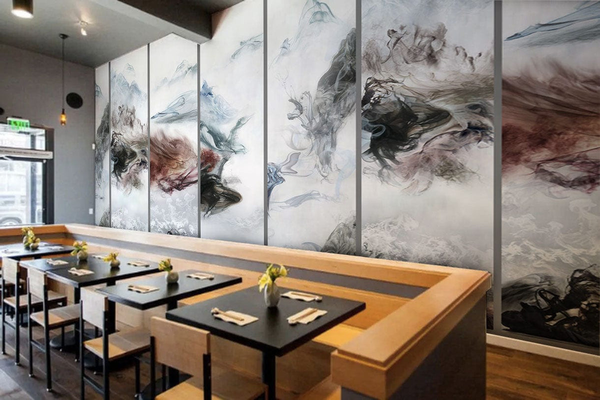 Misty Mountain Ink Art Wallpaper in cafe, showcasing elegant abstract watercolour landscape, wooden booths, tables.
