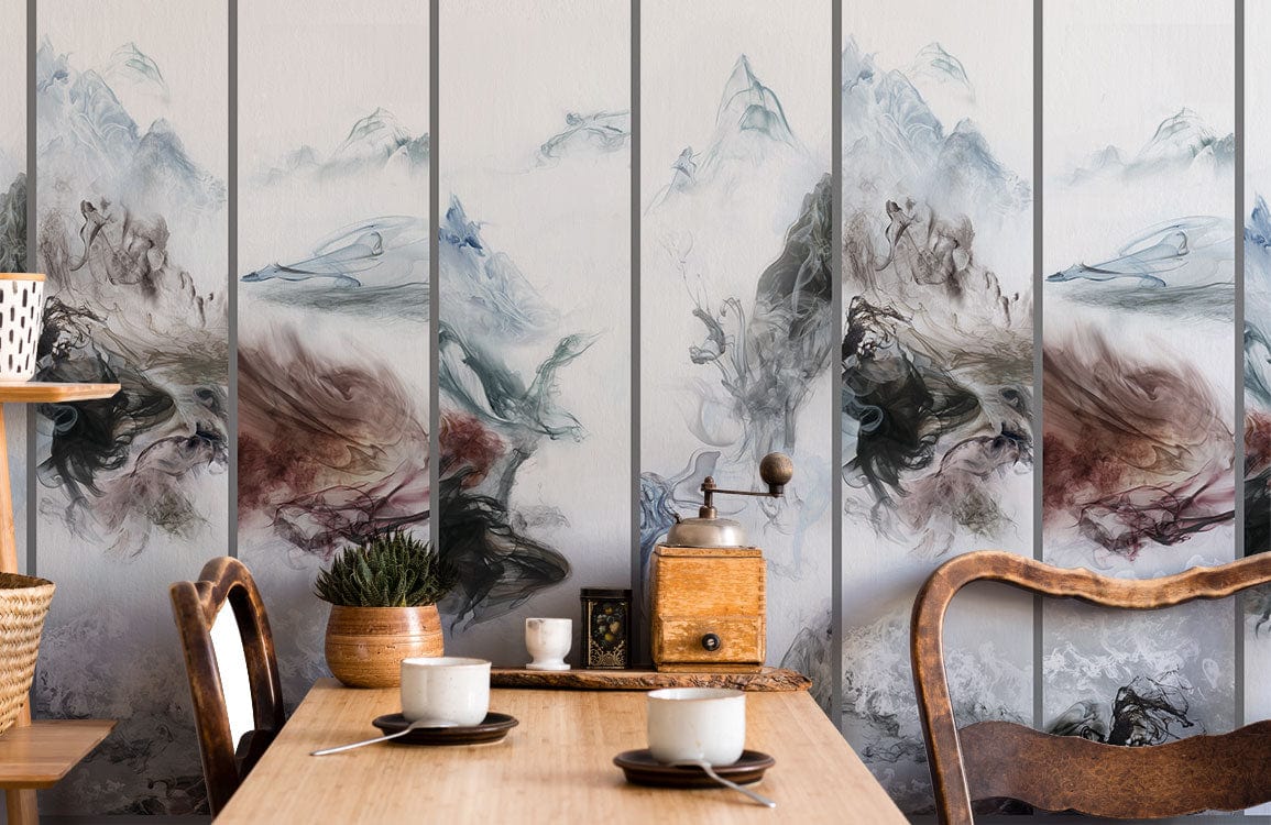 Misty Mountain Ink Art Wallpaper in dining room with rustic wooden table and chairs, abstract landscape design.