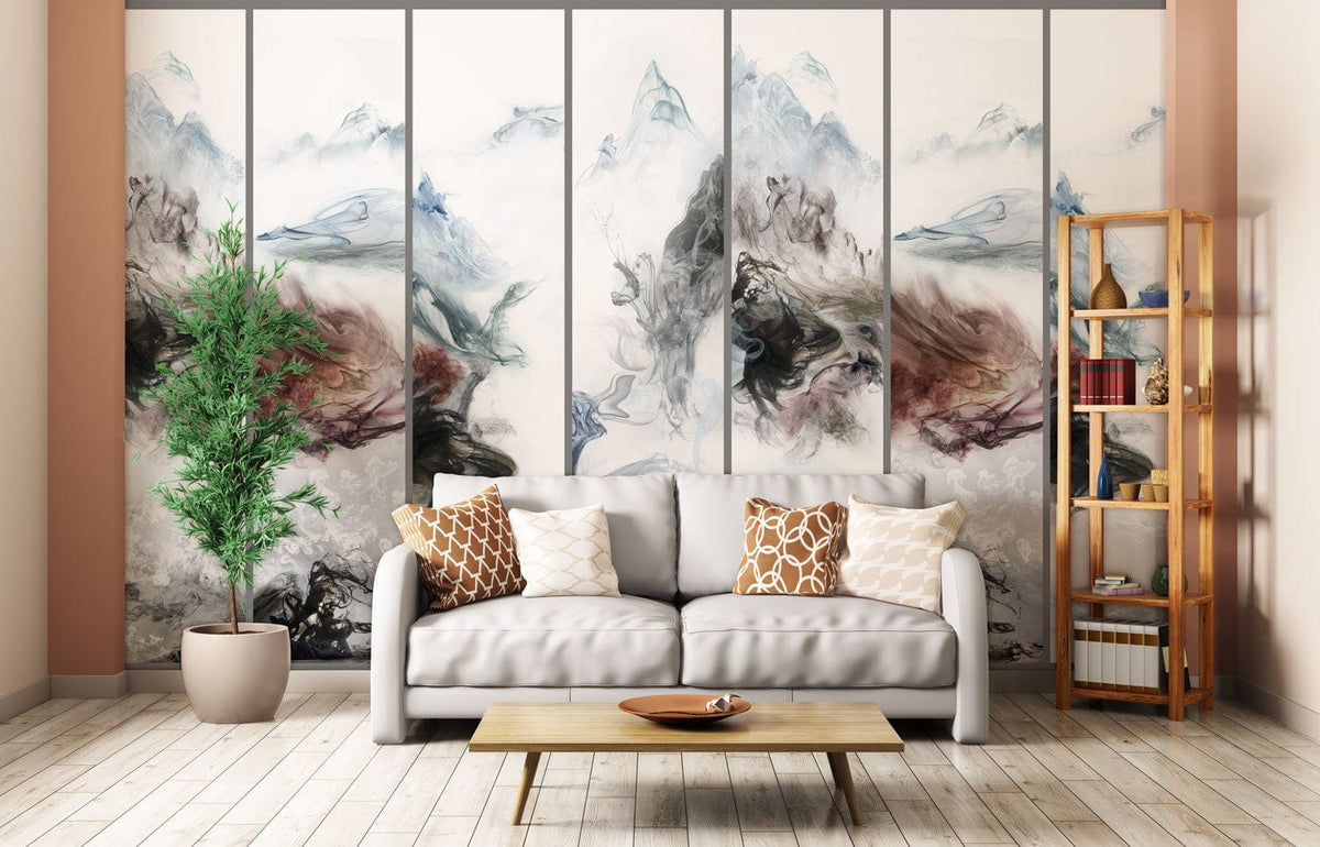 Elegant Misty Mountain Ink Art Wallpaper with sofa, light wood flooring, in contemporary living room setting.