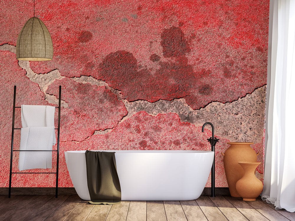 Crimson mural wallpaper in rustic bathroom with freestanding tub, wooden flooring, and pendant lamp decor.