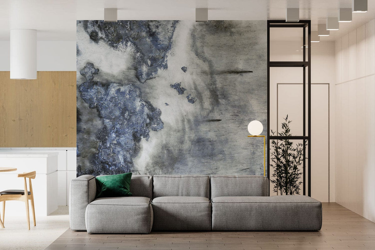 Elegant abstract mural wallpaper in living room with grey sofa, wooden flooring, contemporary decor.
