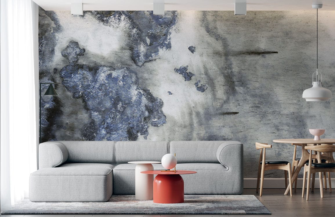 Elegant abstract mural wallpaper in living room with grey sofa, wooden dining set, and pendant lights.