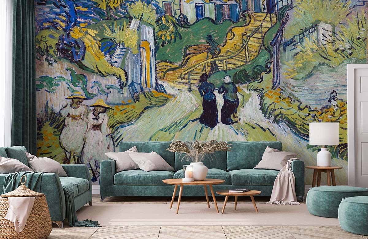 Colourful Impressionist Countryside Path mural with teal sofas, wicker basket, light flooring, in living room.