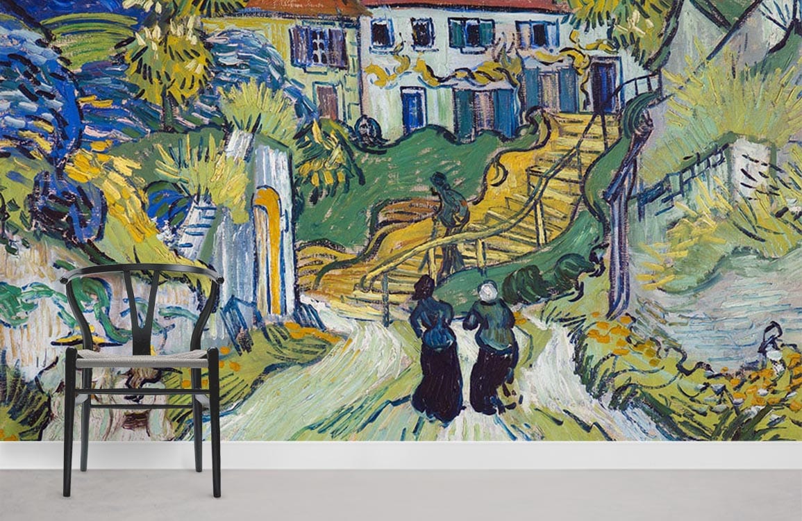 Colourful Impressionist Countryside Path mural wallpaper in stylish living room with modern black chair, grey flooring.