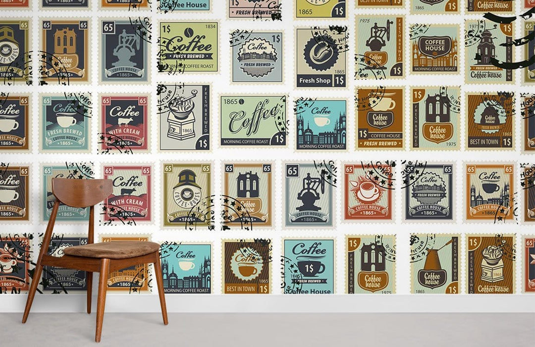 Vintage Coffee Stamp Wallpaper, retro café style, warm tones, mid-century wooden chair, neutral flooring.