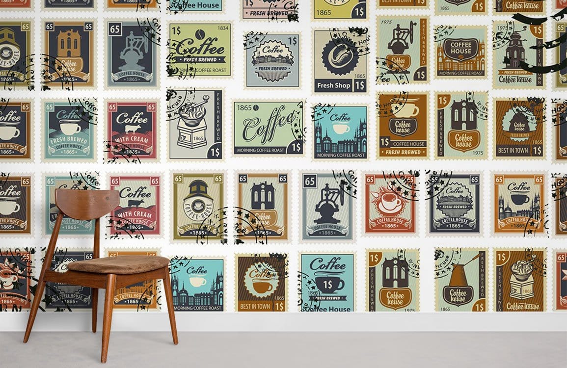Vintage Coffee Stamp Wallpaper, retro café style, warm tones, mid-century wooden chair, neutral flooring.