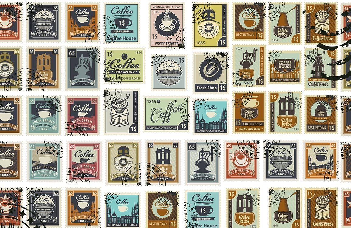 Vintage Coffee Stamp Patterned Wallpaper - Retro Café Style in Warm Tones