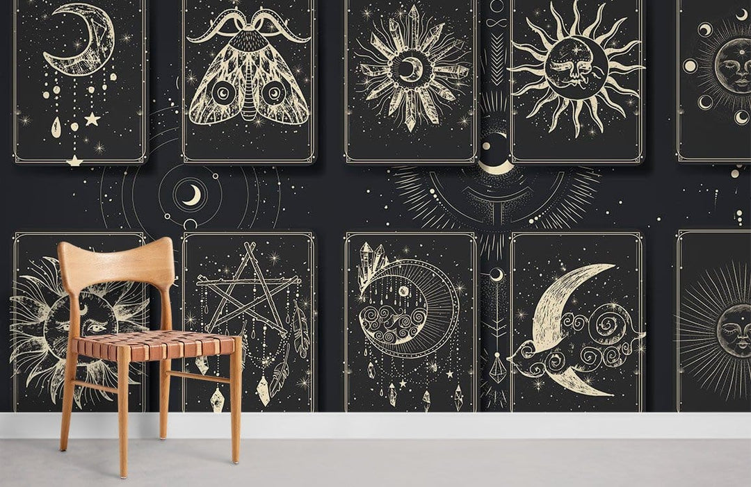 Vintage Celestial Tarot Wallpaper featuring mystical pattern; wooden chair, dark wall, modern room design.