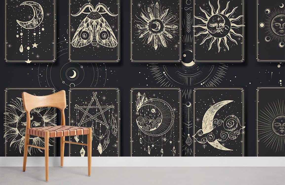 Vintage Celestial Tarot Wallpaper featuring mystical pattern; wooden chair, dark wall, modern room design.