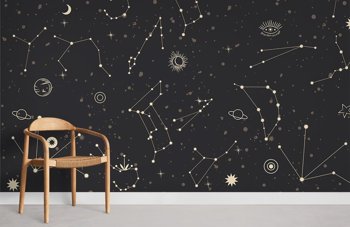 Cosmic Constellations wallpaper mural; starry design with wooden chair on grey flooring in modern room.