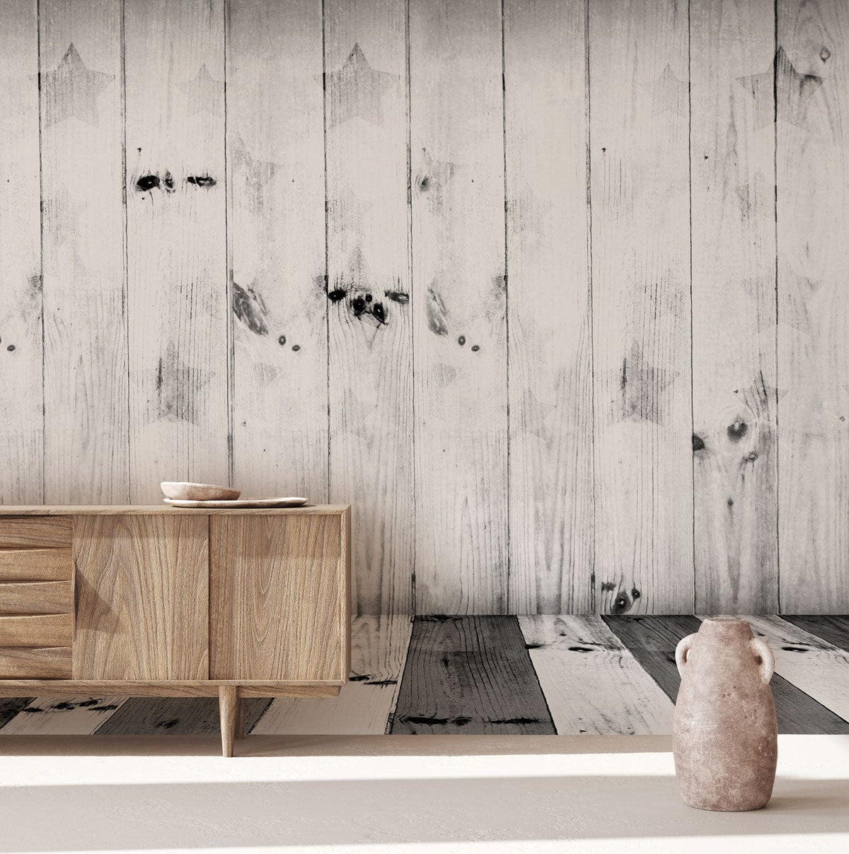 Rustic grey wood wallpaper with star pattern; vintage decor; wooden sideboard, vase; patterned flooring.