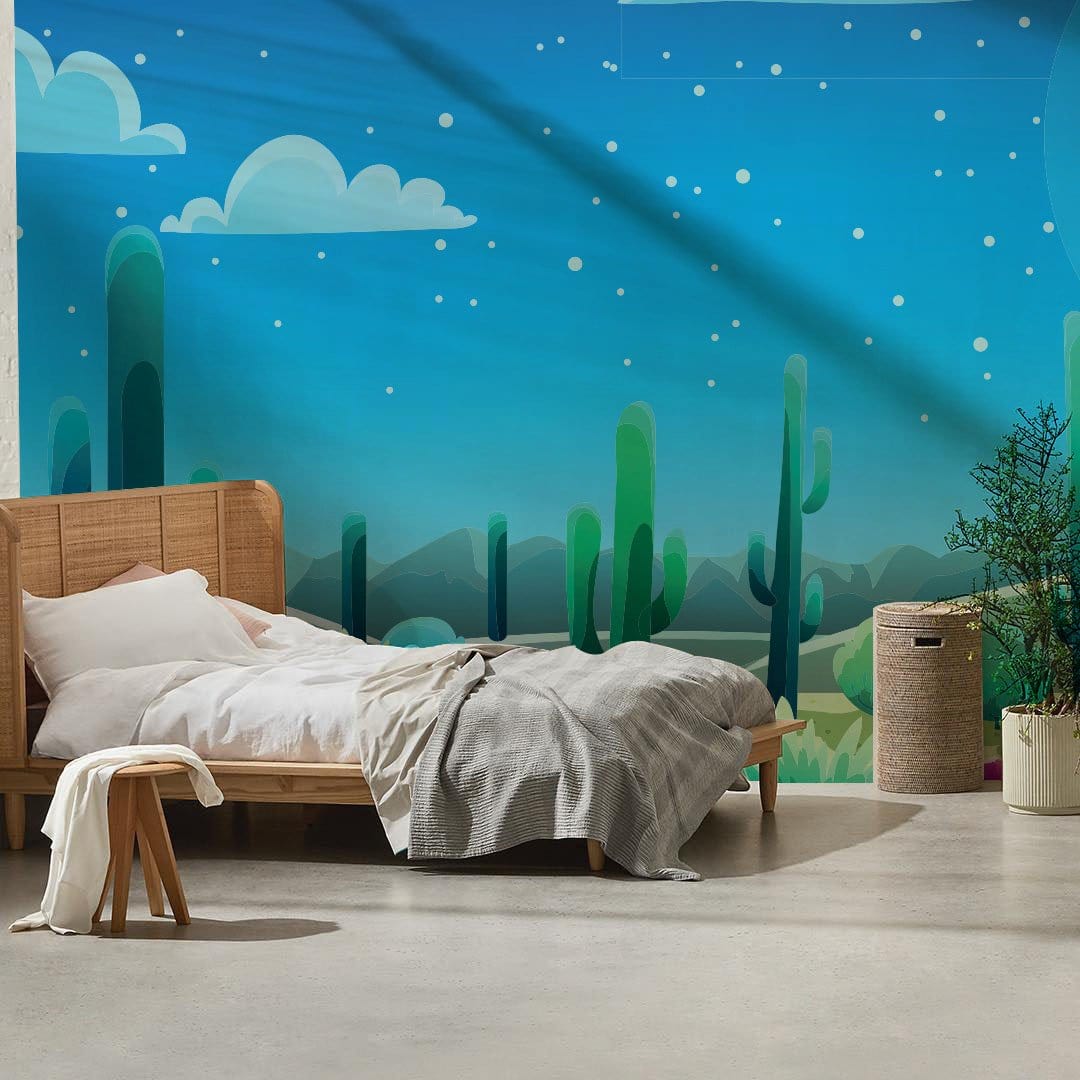 Moonlit Cactus mural wallpaper illuminates bedroom with wooden bed, modern furniture, and beige flooring.