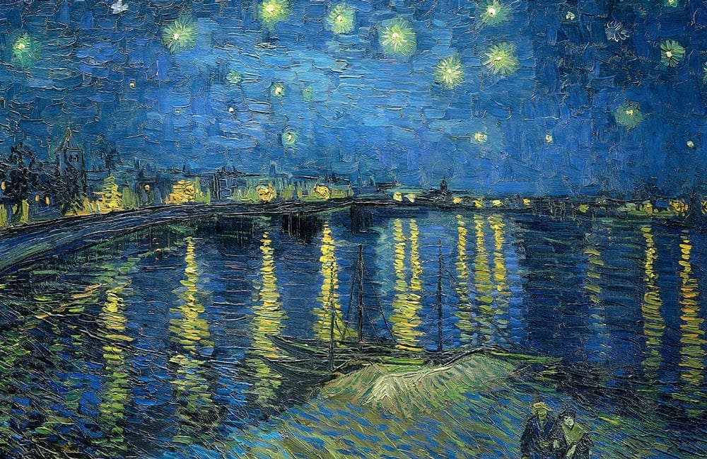 Starry Night River Scene Mural Wallpaper in Blue and Yellow Hues