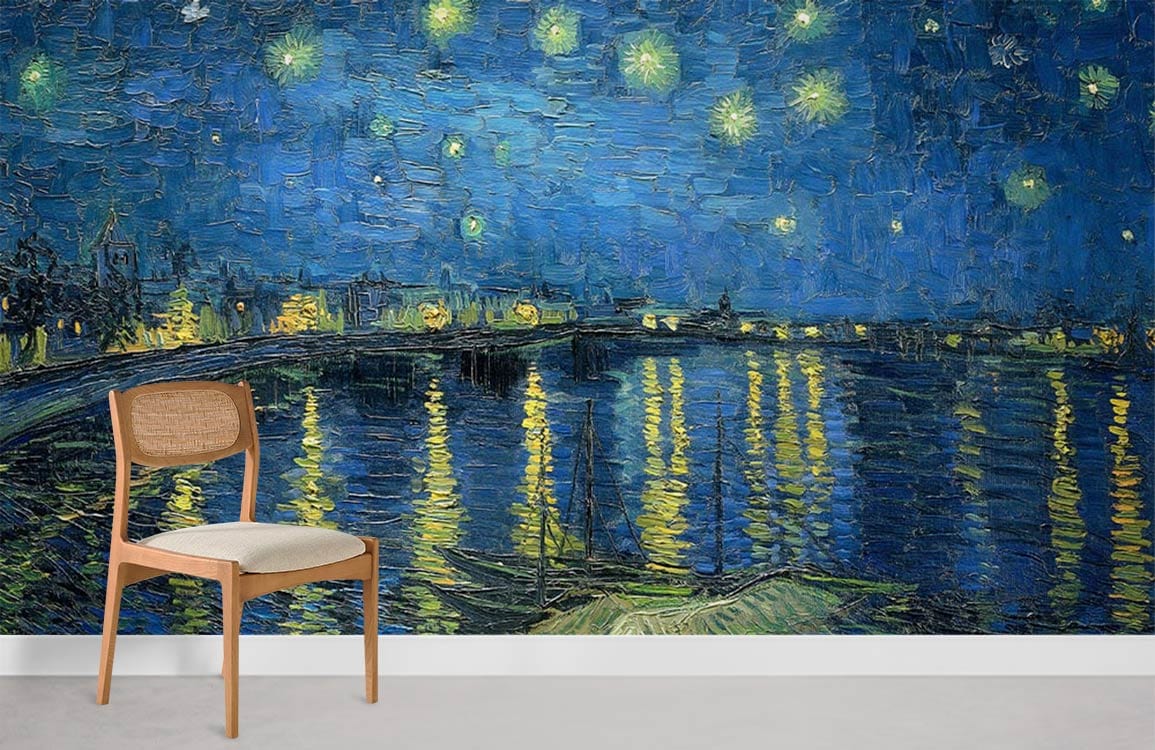 Starry Night River Scene Mural wallpaper with wooden chair, blue and yellow hues, light-coloured flooring.