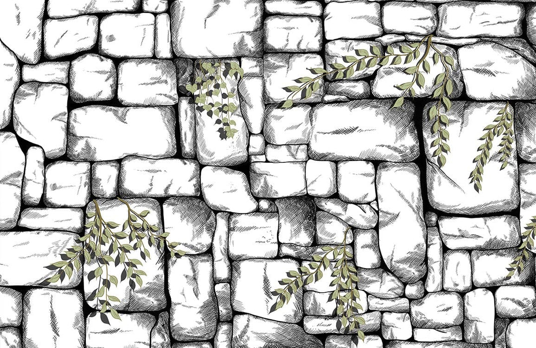 Rustic Stone Wall Mural with Greenery: Black, White, and Olive Pattern