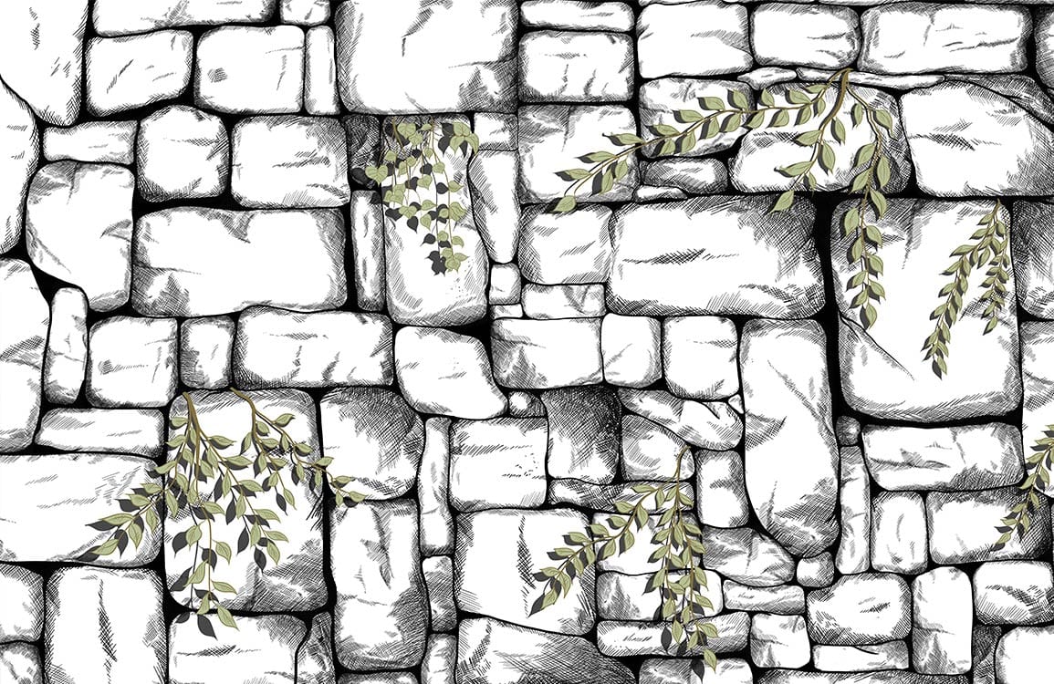 Rustic Stone Wall Mural with Greenery: Black, White, and Olive Pattern