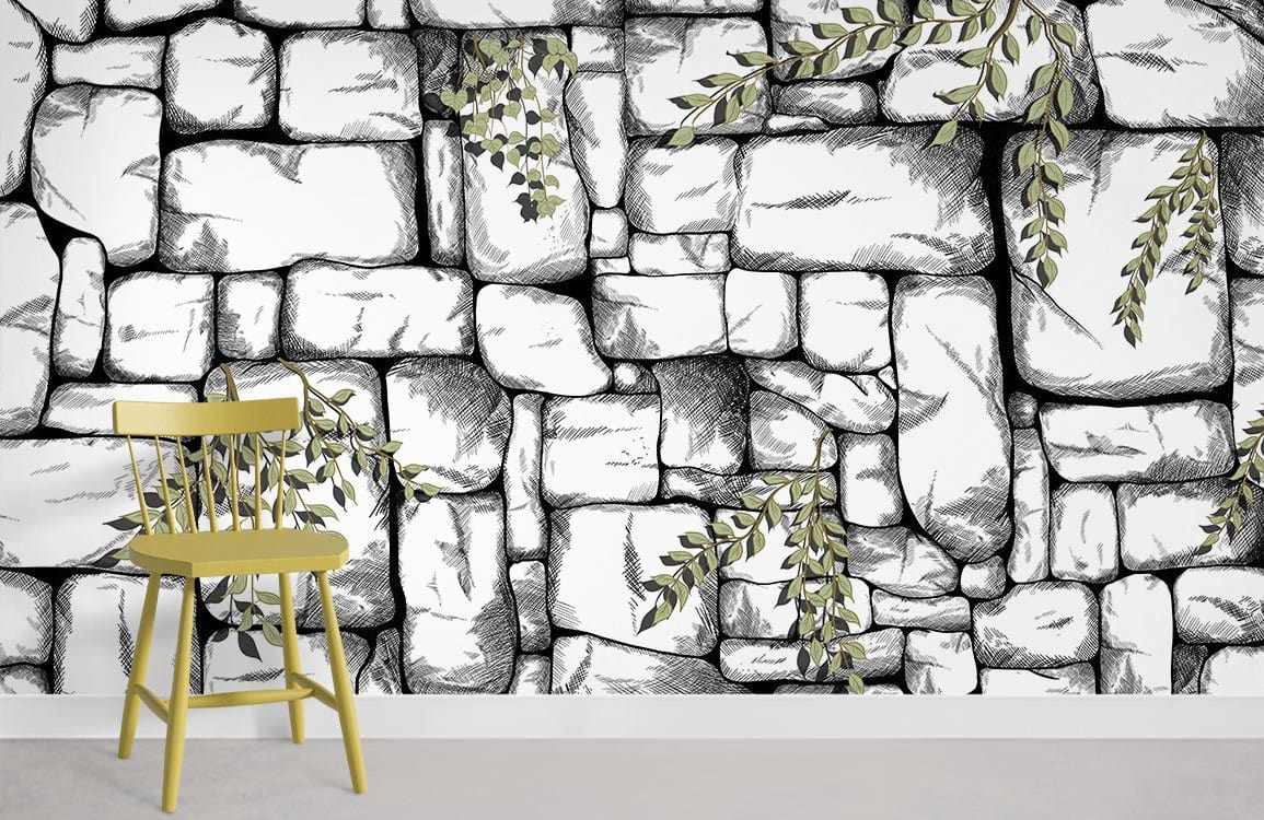Rustic stone wall mural with greenery, featuring yellow chair on light grey flooring, stylish decor.