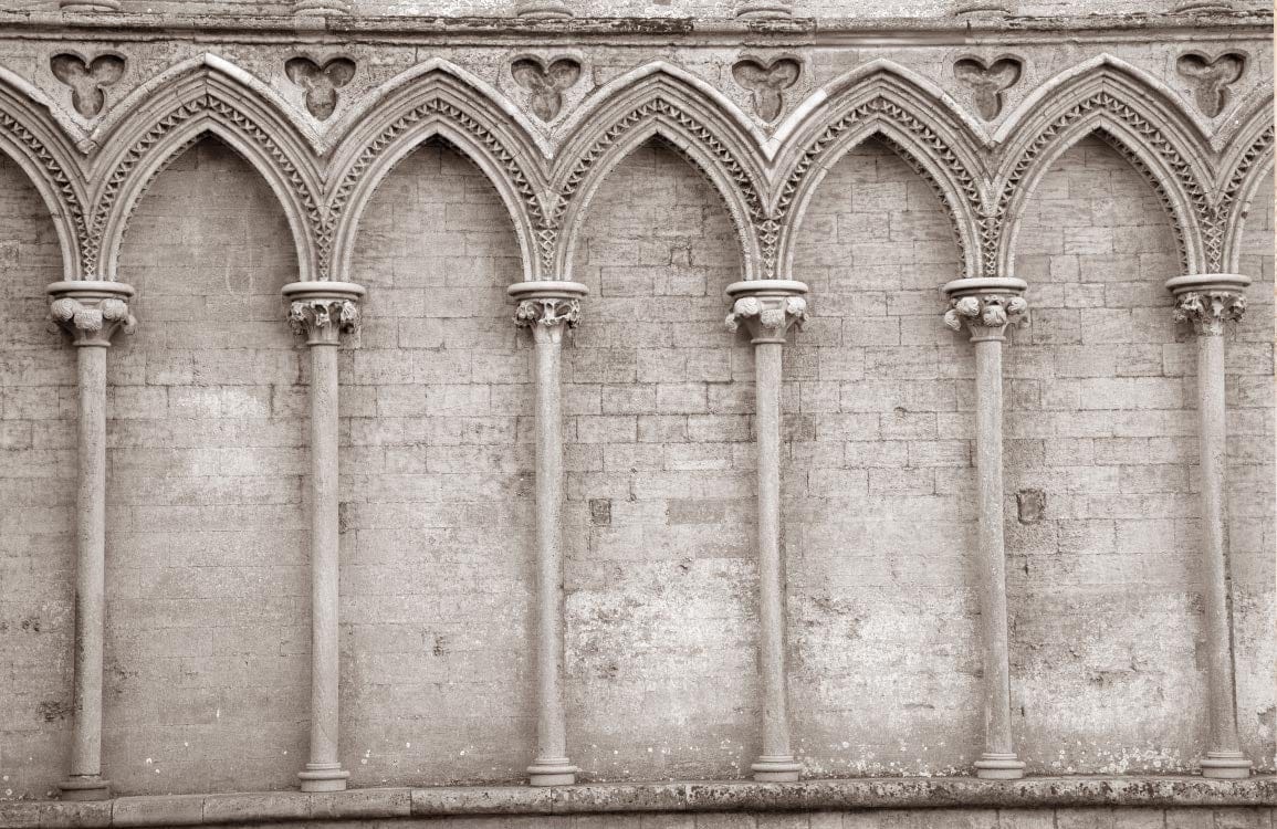 Vintage Gothic Archway Mural Wallpaper in Timeless Sepia Stone Design