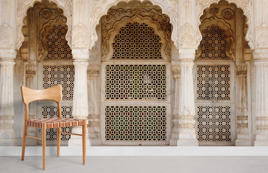 Elegant cream archway wallpaper in living room with wooden chair, showcasing classic Indian architectural design.
