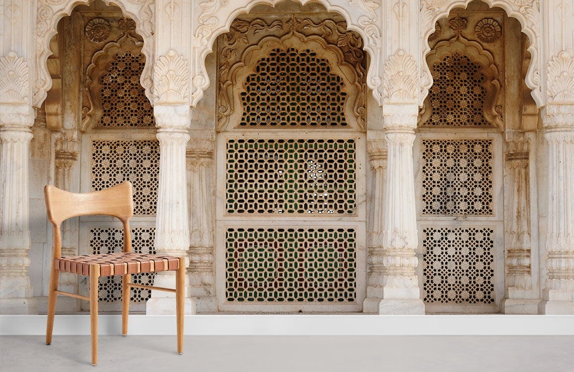 Elegant cream archway wallpaper in living room with wooden chair, showcasing classic Indian architectural design.
