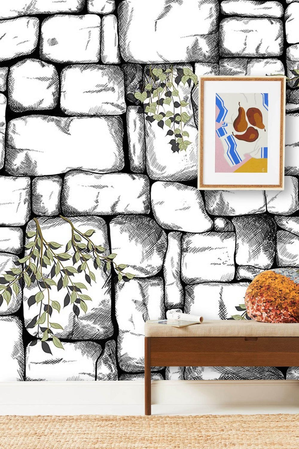 Rustic stone wall mural with greenery, modern artwork, wooden bench, beige carpet in living room.