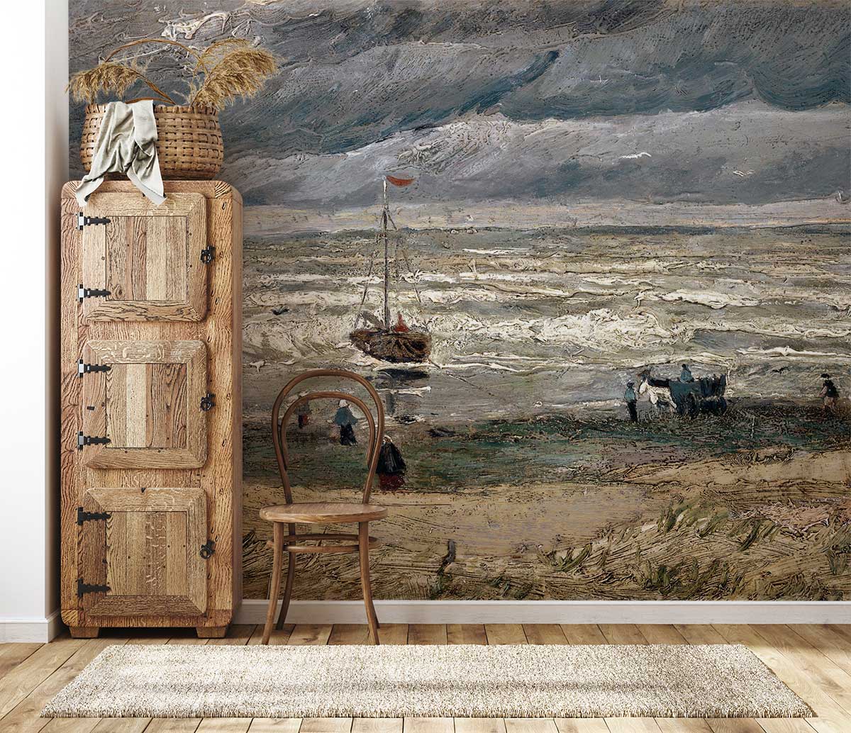 Seaside Stormy Skies wallpaper in muted tones, wooden cabinet, vintage chair, rustic flooring, coastal room.