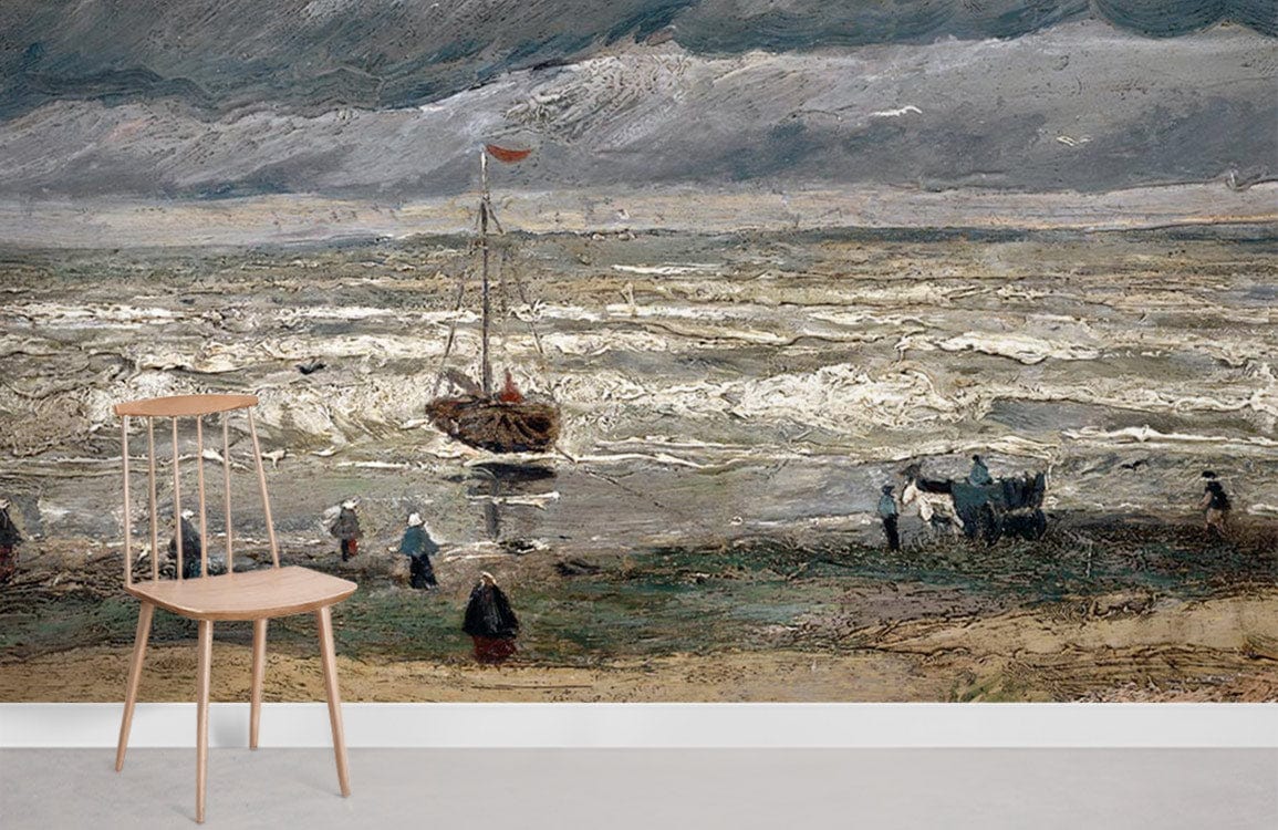 Seaside Stormy Skies mural wallpaper with coastal landscape, featuring light wooden chair and grey flooring.