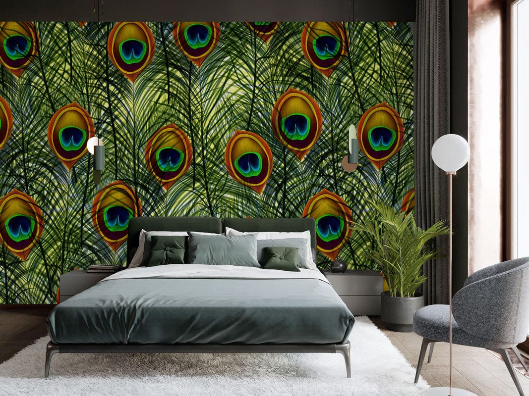 Luxurious bedroom with Peacock Feather Wallpaper; green velvet bed; modern grey chair; elegant lighting.