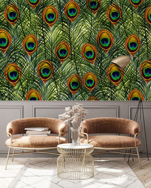 Vibrant peacock feather wallpaper with brown velvet chairs, gold lamp, and neutral rug in living room.