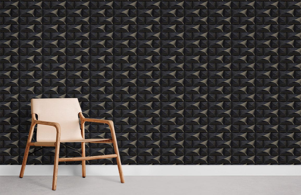 Leather chair with textured geometric 3D charcoal black wallpaper, modern interior, grey flooring.