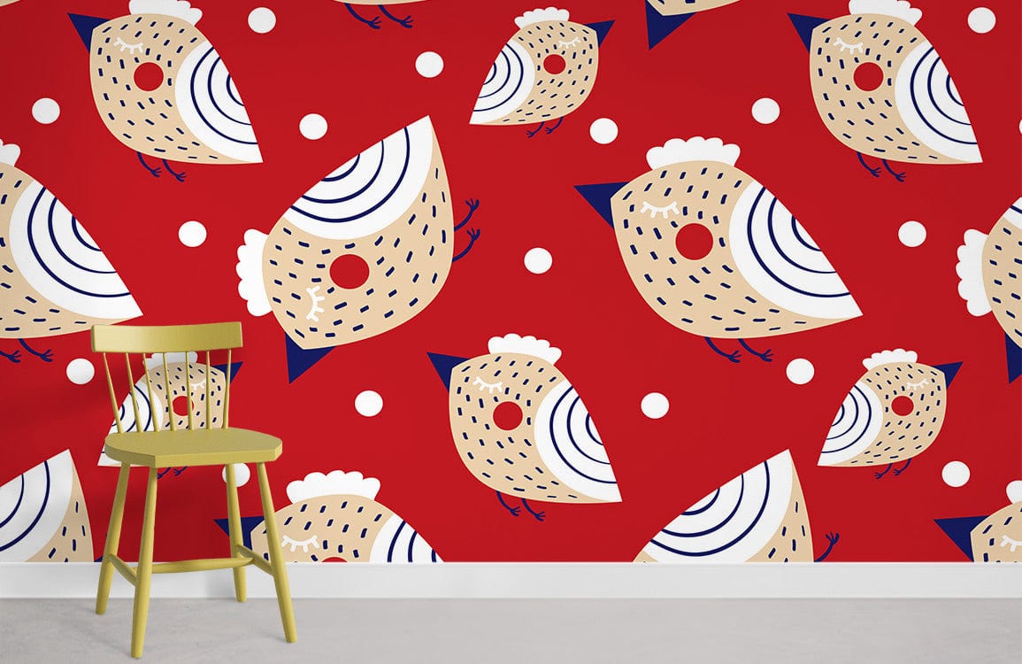 Red and Beige Whimsical Bird Pattern Wallpaper decorates room with yellow chair and grey flooring.