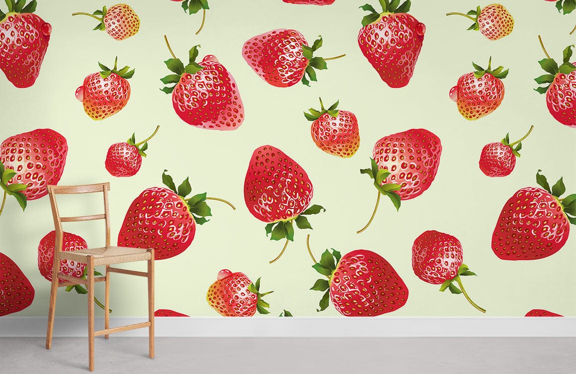 Strawberry Fields Delight wallpaper featuring vibrant fruit pattern with wooden chair in minimalistic room setting.