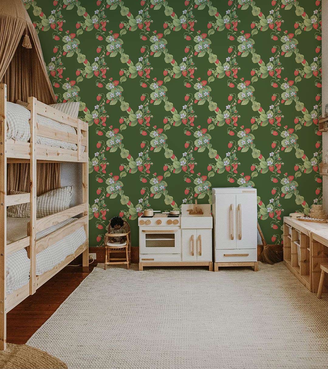 Vintage floral green botanical wallpaper with rose accents, wooden bunk beds, play kitchen, children's room.