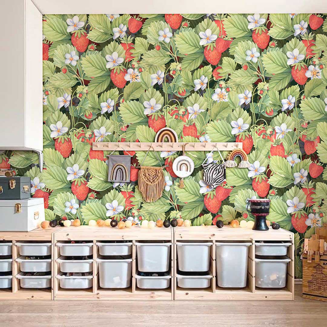 Chic Vintage Strawberry Wallpaper with Lush Foliage, Wooden Storage, Colourful Nursery Wall, Hardwood Flooring.