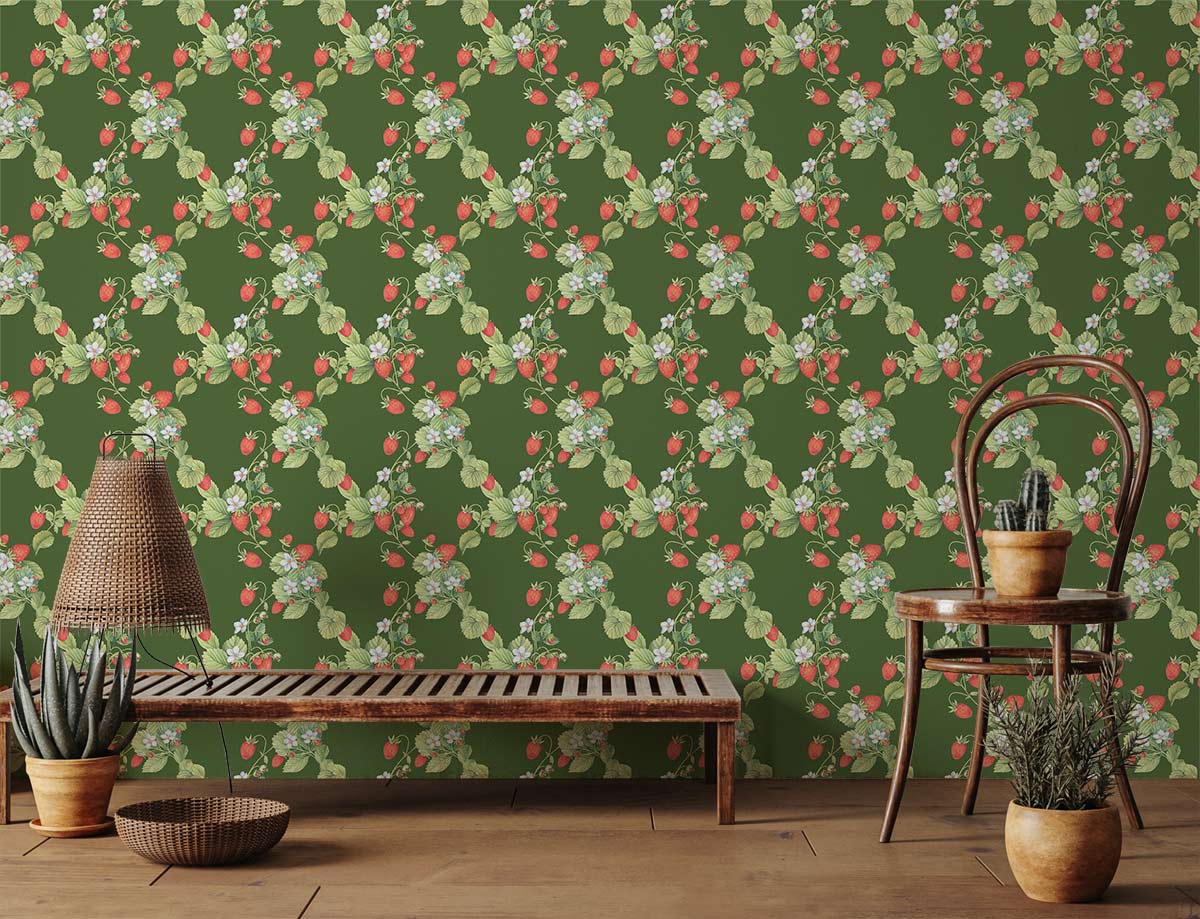 Vintage floral green botanical wallpaper with rose accents, wooden chair, bench, rustic flooring, decor.