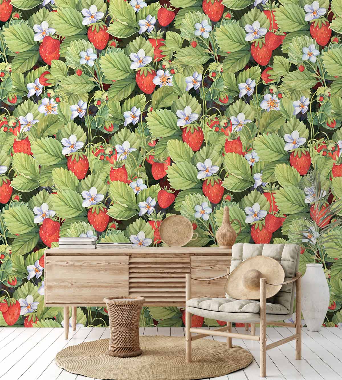 Chic Vintage Strawberry Garden Wallpaper, lush green foliage design, rustic wooden sideboard, wicker chair.